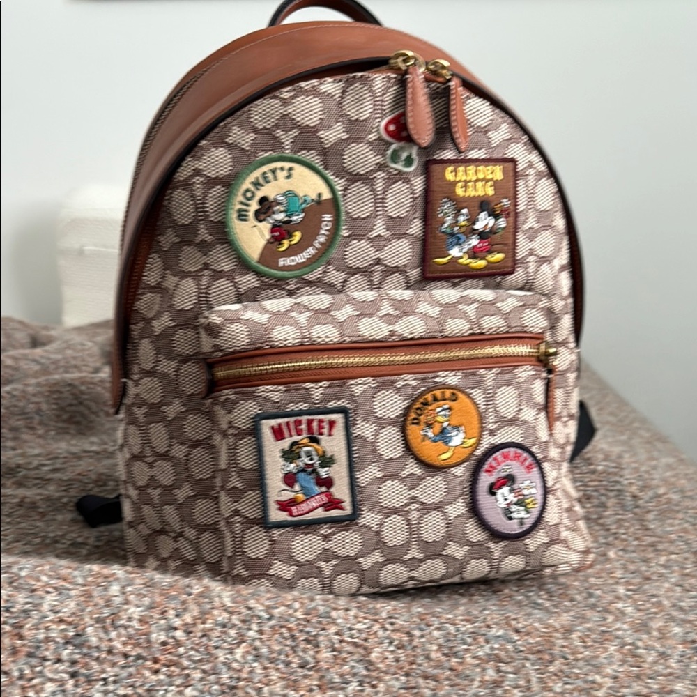 Coach + Disney Brown Backpack with Signature Monogram and Mickey friends